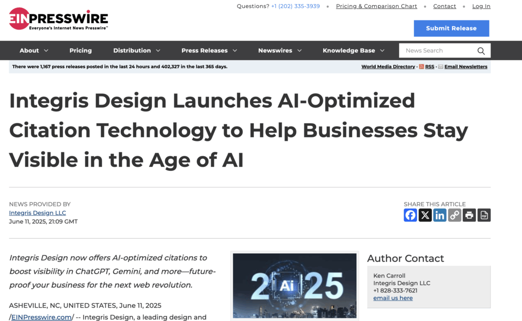 A press release headline reads, Integris Design Launches AI-Optimized Citation Technology to Help Businesses Stay Visible in the Age of AI, with additional info about the release and contact details on a news website.